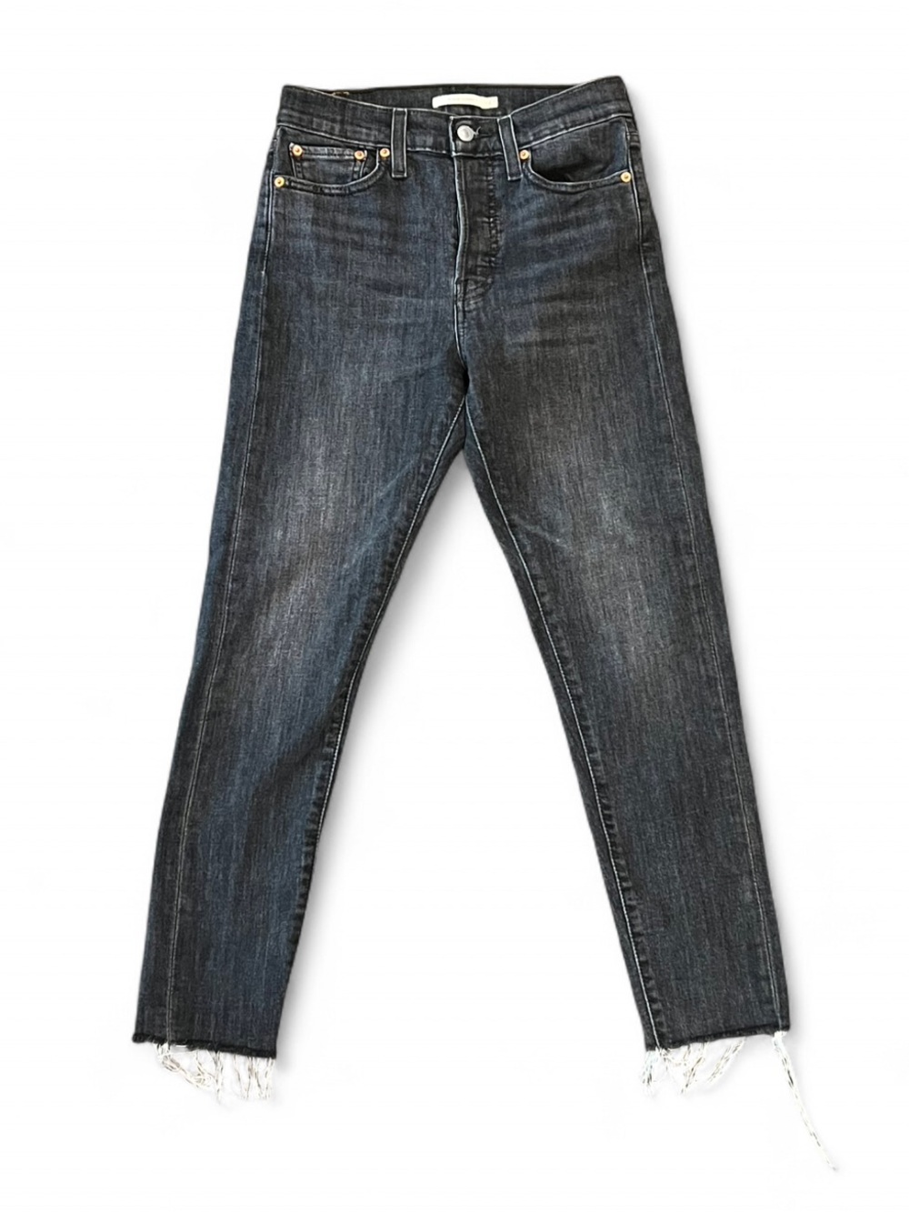 High-Rise Washed Black Ankle Jeans with Raw Hem